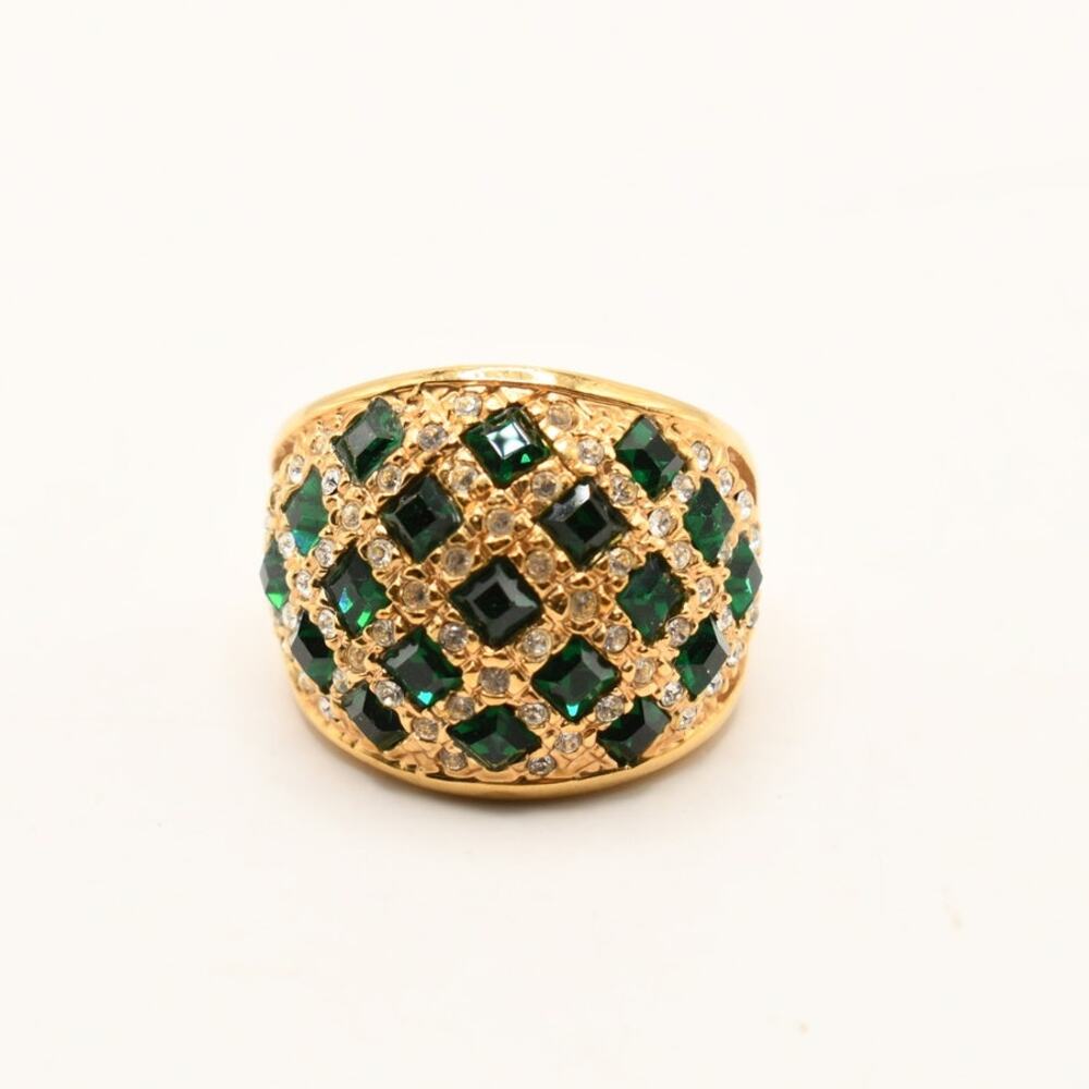 Emerald Green Rhinestone Wide Cocktail Ring Gold Tone Lattice Size 7